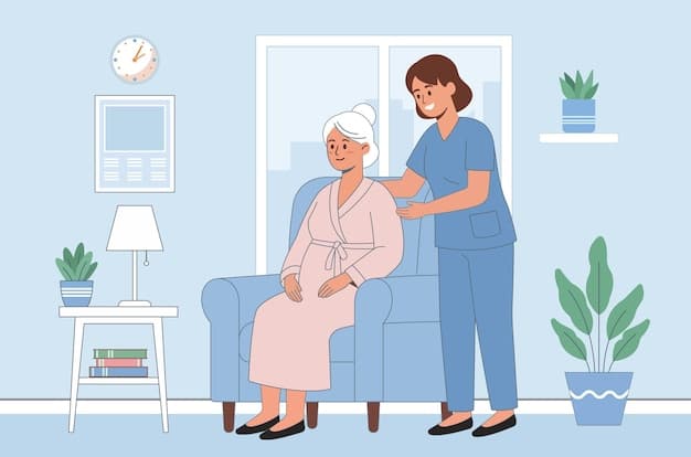 Illustration: Eine Pflegekraft kümmert sich um eine ältere Dame im Sessel zu Hause